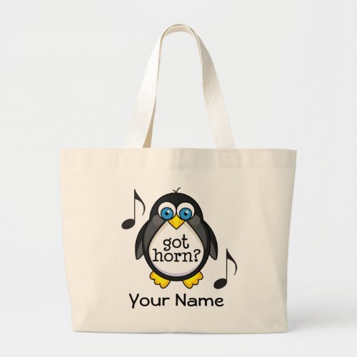 Personalized French Horn Music Penguin Large Tote Bag
