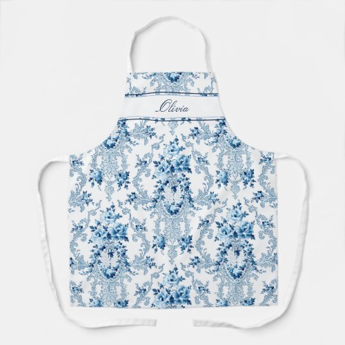 Personalized French Rococo Blue  White Floral Apron
