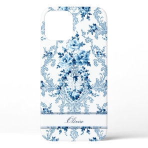 Personalized French Rococo Blue & White Floral iPhone 12 Case