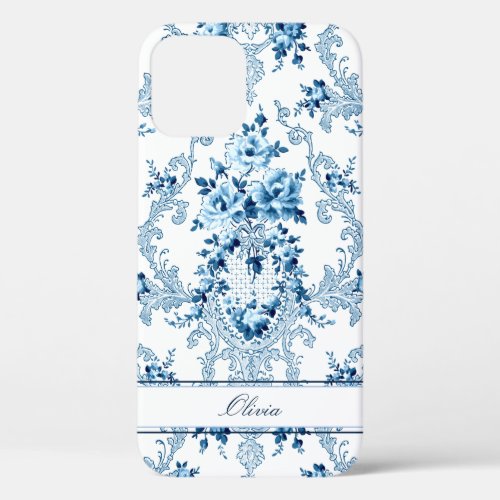 Personalized French Rococo Blue  White Floral iPhone 12 Case