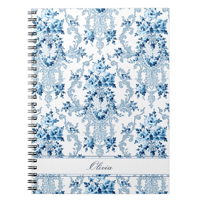 Personalized French Rococo Blue & White Floral Notebook (Front)