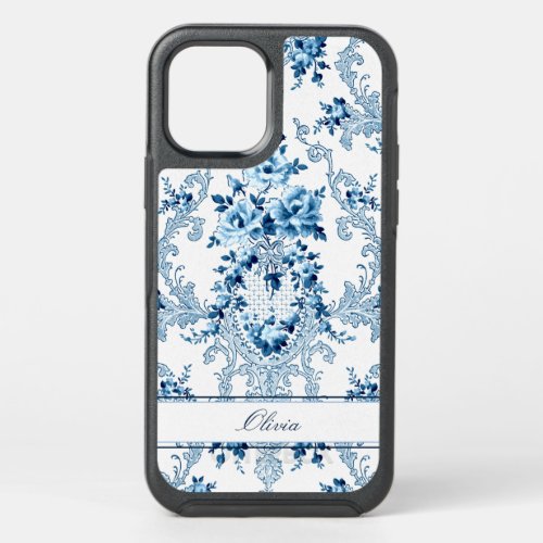 Personalized French Rococo Blue  White Floral OtterBox Symmetry iPhone 12 Case