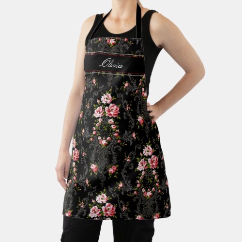 Personalized French Rococo Floral_Black Background Apron