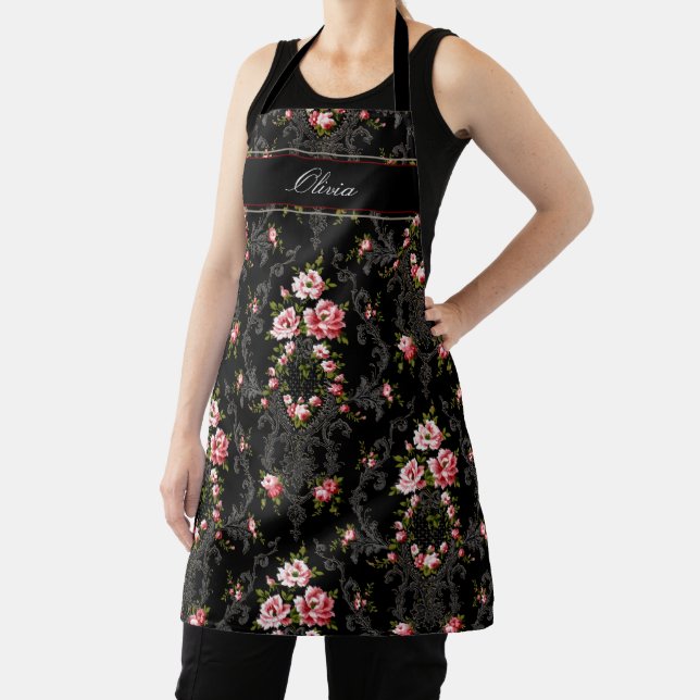 Personalized French Rococo Floral-Black Background Apron (Insitu)