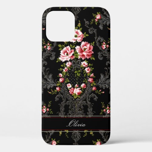 Personalized French Rococo Floral_Black Background iPhone 12 Case