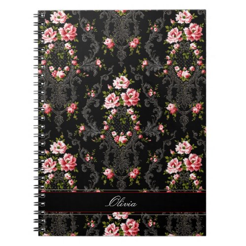 Personalized French Rococo Floral_Black Background Notebook
