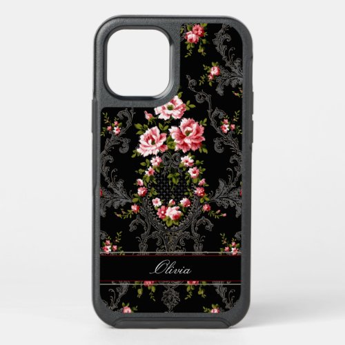 Personalized French Rococo Floral_Black Background OtterBox Symmetry iPhone 12 Case