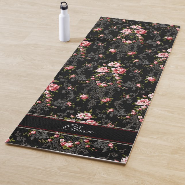 Personalized French Rococo Floral-Black Background Yoga Mat (In Situ)