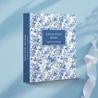 Personalized French Toile Blue Roses Floral Recipe 3 Ring Binder