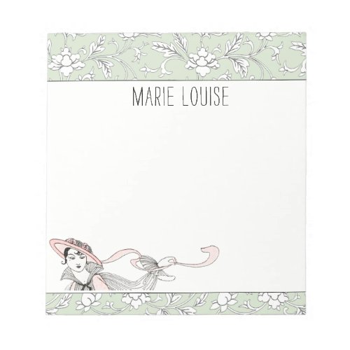 Personalized French Vintage Green Floral Lady Notepad