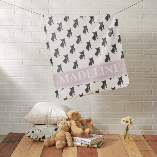 Personalized Frenchie (Black Brindle) Pink Baby Blanket (In Situ)