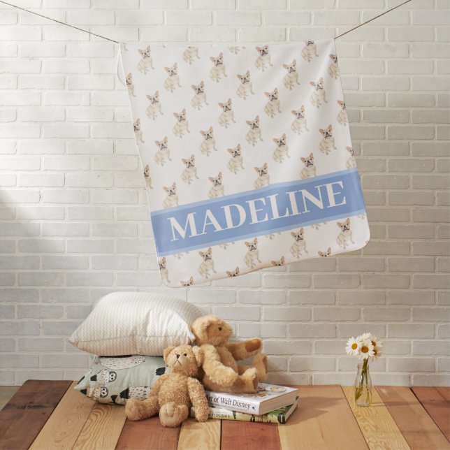 Personalized Frenchie (Fawn Tan Cream) Blue Baby Blanket (In Situ)
