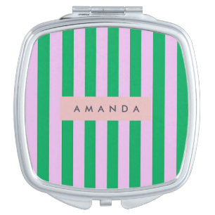 Personalized Fresh Green and Pink Striped Retro Compact Mirror