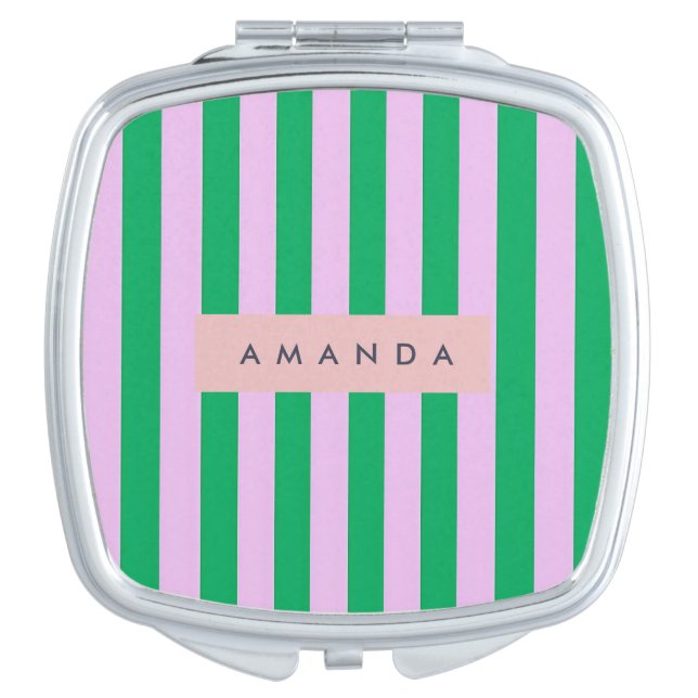 Personalized Fresh Green and Pink Striped Retro Compact Mirror (Front)