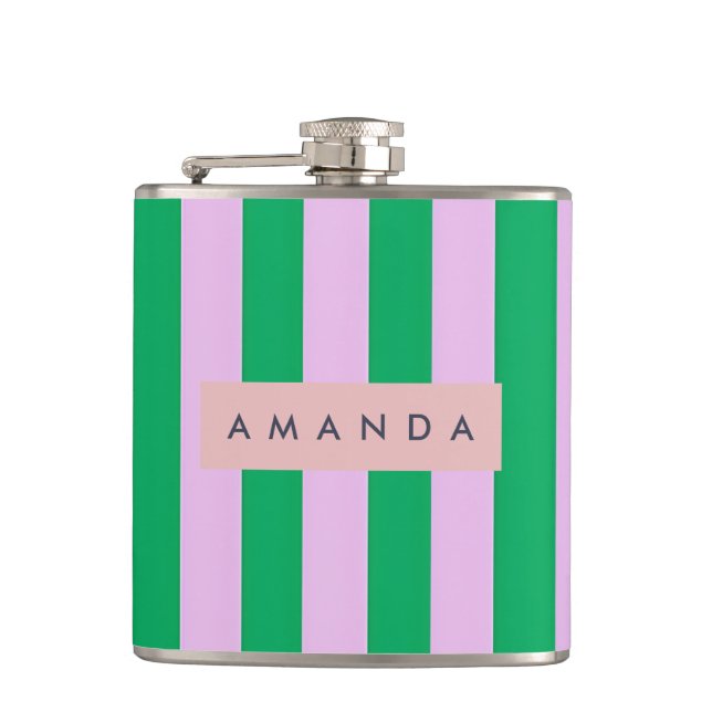 Personalized Fresh Green and Pink Striped Retro Flask (Front)