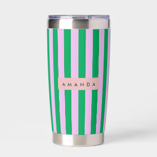 Personalized Fresh Green and Pink Striped Retro Insulated Tumbler