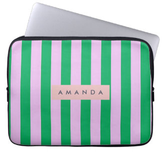 Personalized Fresh Green and Pink Striped Retro Laptop Sleeve
