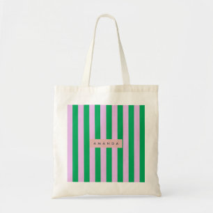 Personalized Fresh Green and Pink Striped Retro Tote Bag