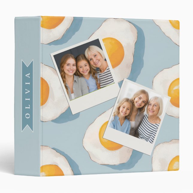 Personalized Fried Egg Pattern Fun Blue Funny 3 Ring Binder (Front/Spine)