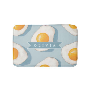 Personalized Fried Egg Pattern Fun Blue Funny Bath Mat