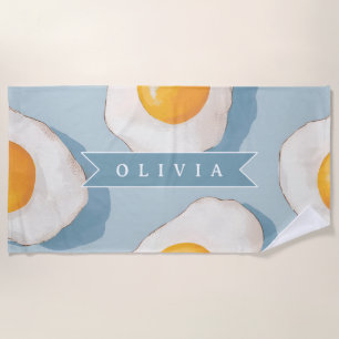 Personalized Fried Egg Pattern Fun Blue Funny Beach Towel
