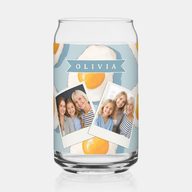 Personalized Fried Egg Pattern Fun Blue Funny Can Glass (Front)