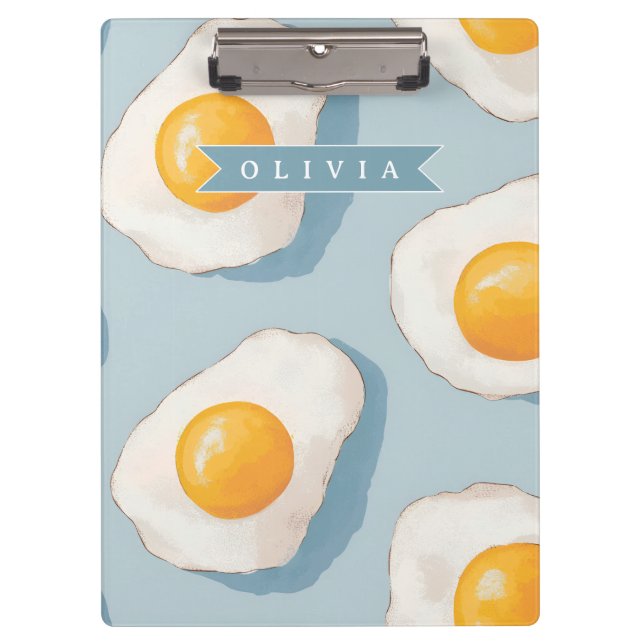 Personalized Fried Egg Pattern Fun Blue Funny Clipboard (Front)