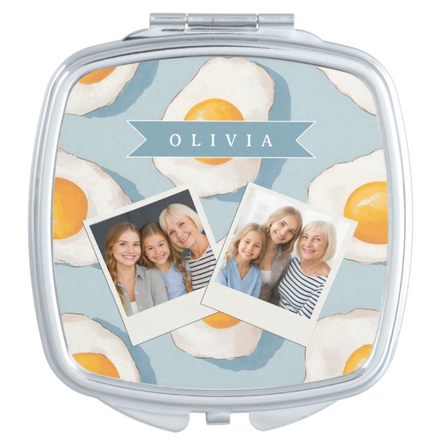 Personalized Fried Egg Pattern Fun Blue Funny Compact Mirror (Front)