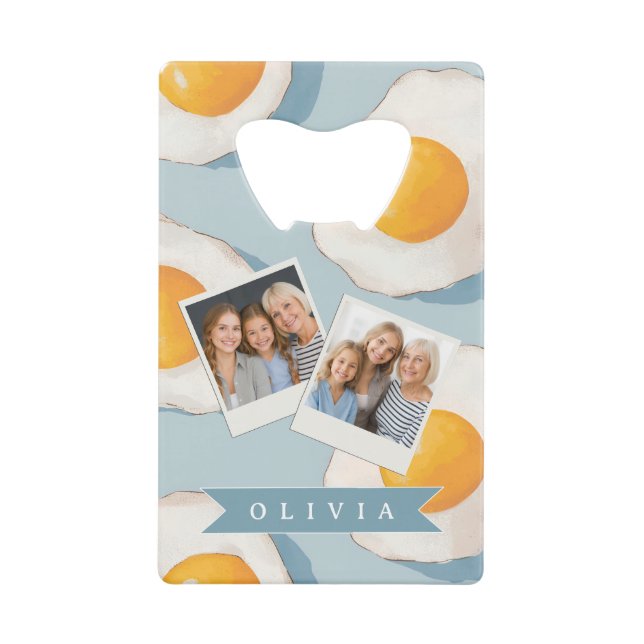 Personalized Fried Egg Pattern Fun Blue Funny Credit Card Bottle Opener (Front)