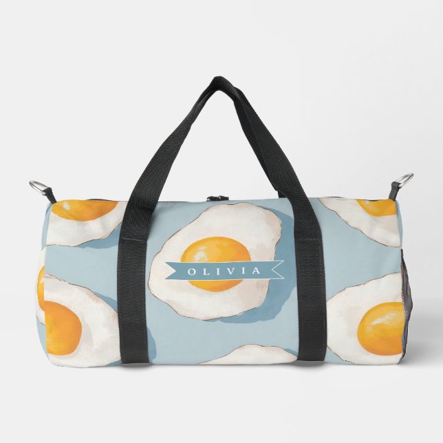 Personalized Fried Egg Pattern Fun Blue Funny Duffle Bag (Front)