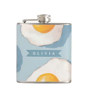 Personalized Fried Egg Pattern Fun Blue Funny Flask