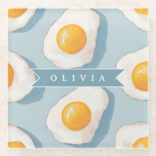 Personalized Fried Egg Pattern Fun Blue Funny Glass Coaster