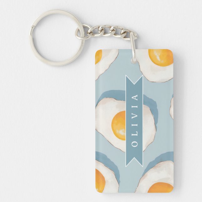Personalized Fried Egg Pattern Fun Blue Funny  Keychain (Front)