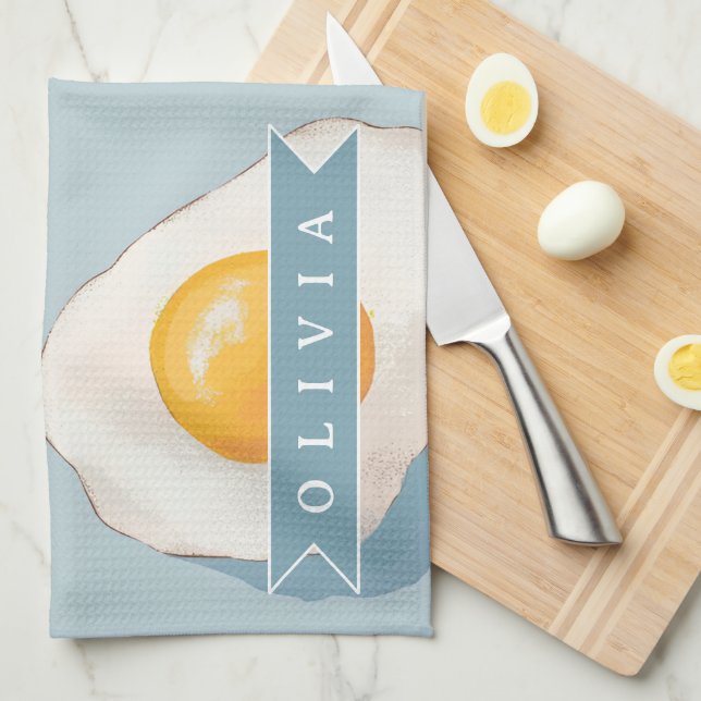 Personalized Fried Egg Pattern Fun Blue Funny Kitchen Towel (Quarter Fold)