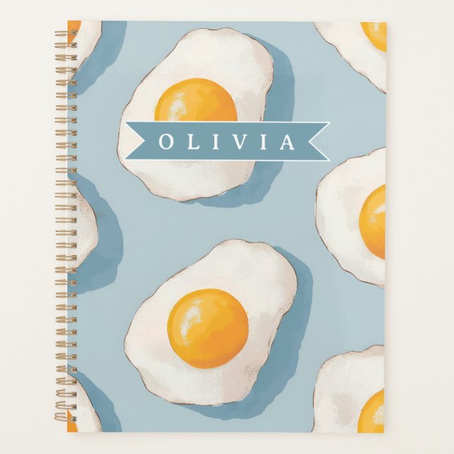 Personalized Fried Egg Pattern Fun Blue Funny  Planner (Front)