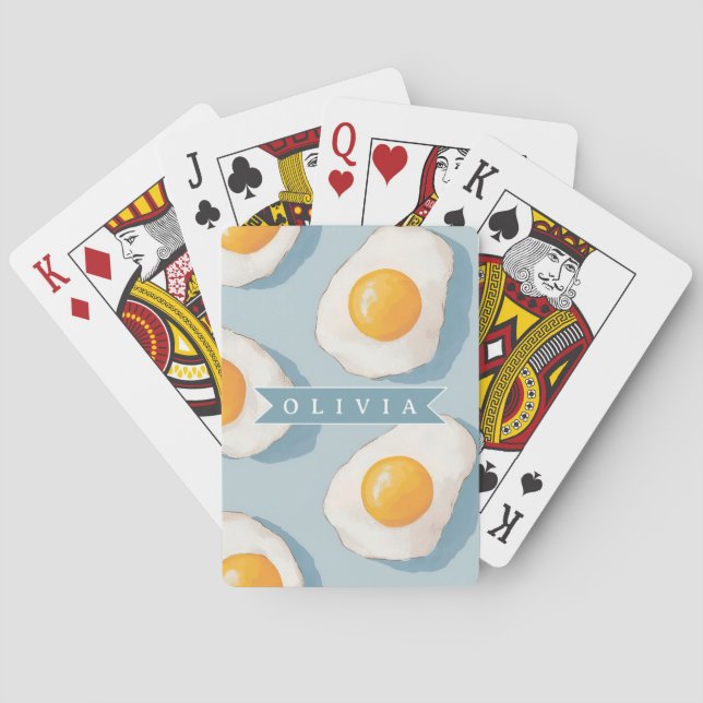 Personalized Fried Egg Pattern Fun Blue Funny  Poker Cards (Back)