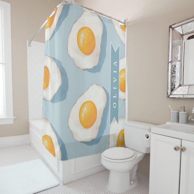 Personalized Fried Egg Pattern Fun Blue Funny Shower Curtain (In Situ)