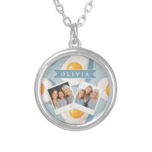 Personalized Fried Egg Pattern Fun Blue Funny Silver Plated Necklace