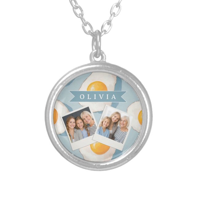 Personalized Fried Egg Pattern Fun Blue Funny Silver Plated Necklace (Front)