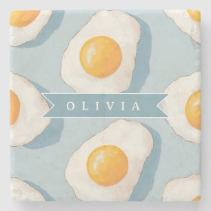 Personalized Fried Egg Pattern Fun Blue Funny Stone Coaster