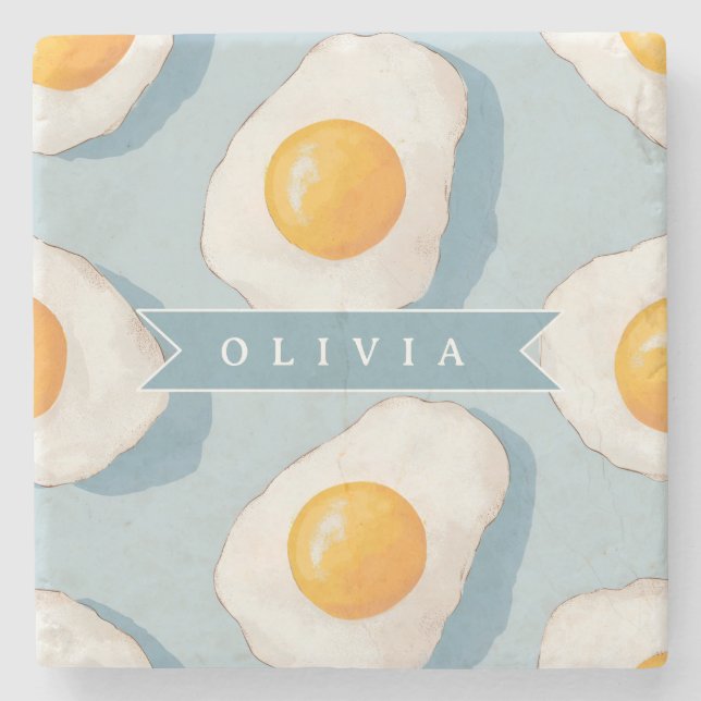 Personalized Fried Egg Pattern Fun Blue Funny  Stone Coaster (Front)