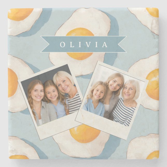 Personalized Fried Egg Pattern Fun Blue Funny Stone Coaster (Front)
