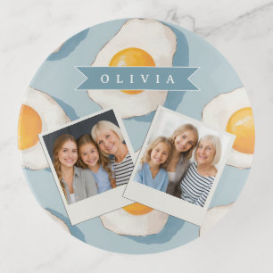 Personalized Fried Egg Pattern Fun Blue Funny Trinket Tray