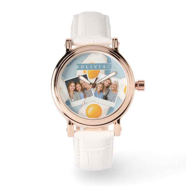 Personalized Fried Egg Pattern Fun Blue Funny Watch (Front)