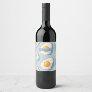Personalized Fried Egg Pattern Fun Blue Funny Wine Label