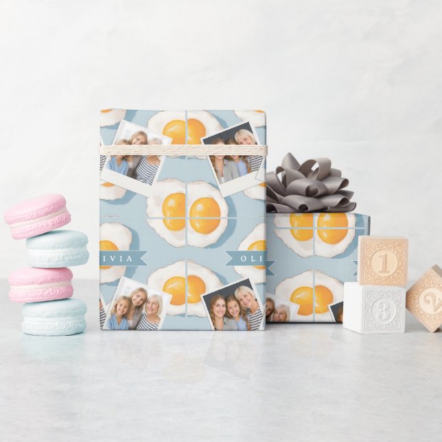 Personalized Fried Egg Pattern Fun Blue Funny  Wrapping Paper (Baby Shower)