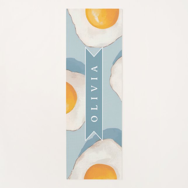 Personalized Fried Egg Pattern Fun Blue Funny Yoga Mat (Front)