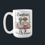 Personalized Friend Name Gift Mug Bestie Girls Cat<br><div class="desc">Custom name friendship gift,  personalize text and names,  watercolor painted girls with cats on a swing.</div>