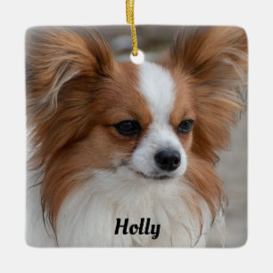 Personalized Friendly Papillon Puppy Dog Ceramic Ornament