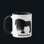 Personalized Friesian Horse Illustration Mug<br><div class="desc">Personalized, custom name or text, Friesian horse-themed mug. Friesian black stallion illustration on a coffee and tea mug, perfect gift for a Stable hand, Horse groom, Barn Manager, Horse trainer, Veterinary Assistant, Ranch hand, Veterinary technician, Horseback guide, or any horse (equine) lover.</div>